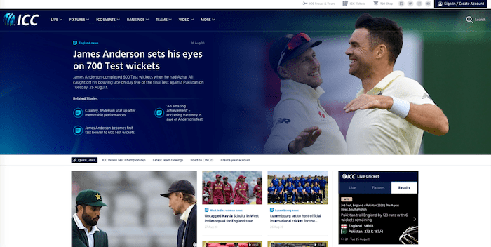 国際クリケット評議会（ICC）のウェブサイト