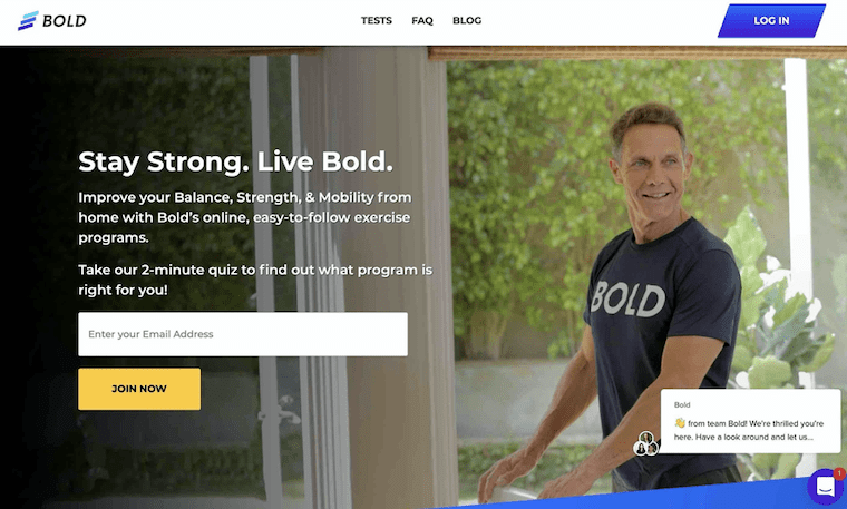 オンラインのシニア向け運動プログラムを提供するカリフォルニアのスタートアップ「AgeBold」のウェブサイト
