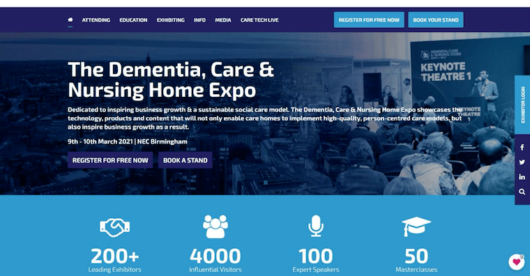 イギリスの展示会「Dementia, Care & Nursing Home Expo」のウェブサイト